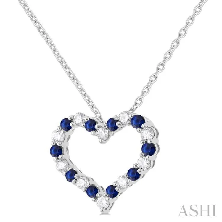 1/4 ctw Open Heart 1.80MM Round Cut Sapphire and Round Cut Diamond Precious  Fashion Pendant With Chain in 14K White Gold