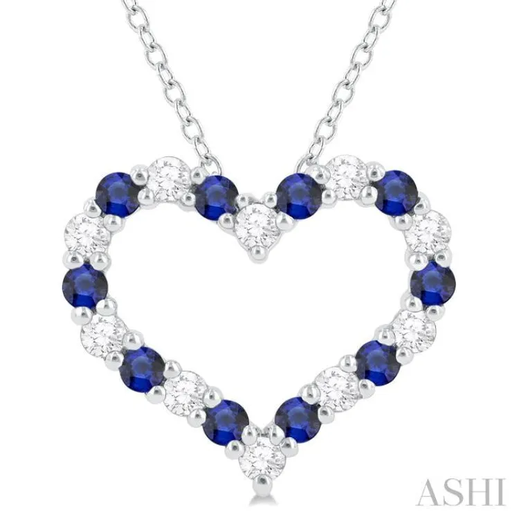 1/4 ctw Open Heart 1.80MM Round Cut Sapphire and Round Cut Diamond Precious  Fashion Pendant With Chain in 14K White Gold