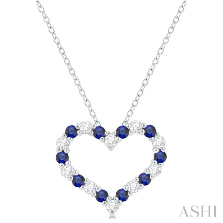 1/4 ctw Open Heart 1.80MM Round Cut Sapphire and Round Cut Diamond Precious  Fashion Pendant With Chain in 14K White Gold