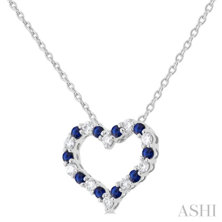 1/8 ctw Open Heart 1.4MM Round Cut Sapphire and Round Cut Diamond Precious  Fashion Pendant With Chain in 14K White Gold