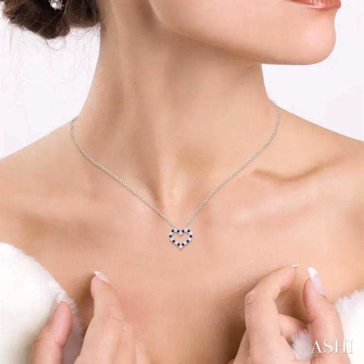 1/8 ctw Open Heart 1.4MM Round Cut Sapphire and Round Cut Diamond Precious  Fashion Pendant With Chain in 14K White Gold