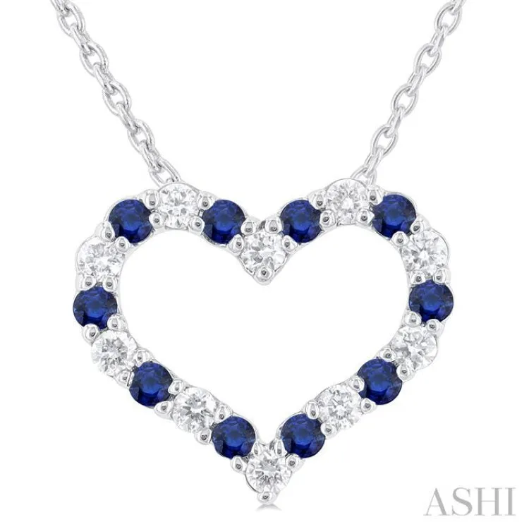 1/8 ctw Open Heart 1.4MM Round Cut Sapphire and Round Cut Diamond Precious  Fashion Pendant With Chain in 14K White Gold