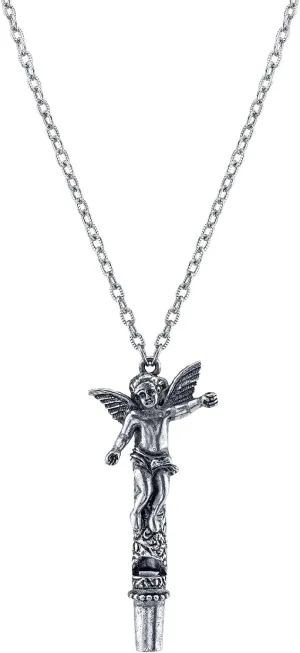 1928 Jewelry Antiqued Pewter Angel Whistle Pendant Necklace For Women 30 Inches