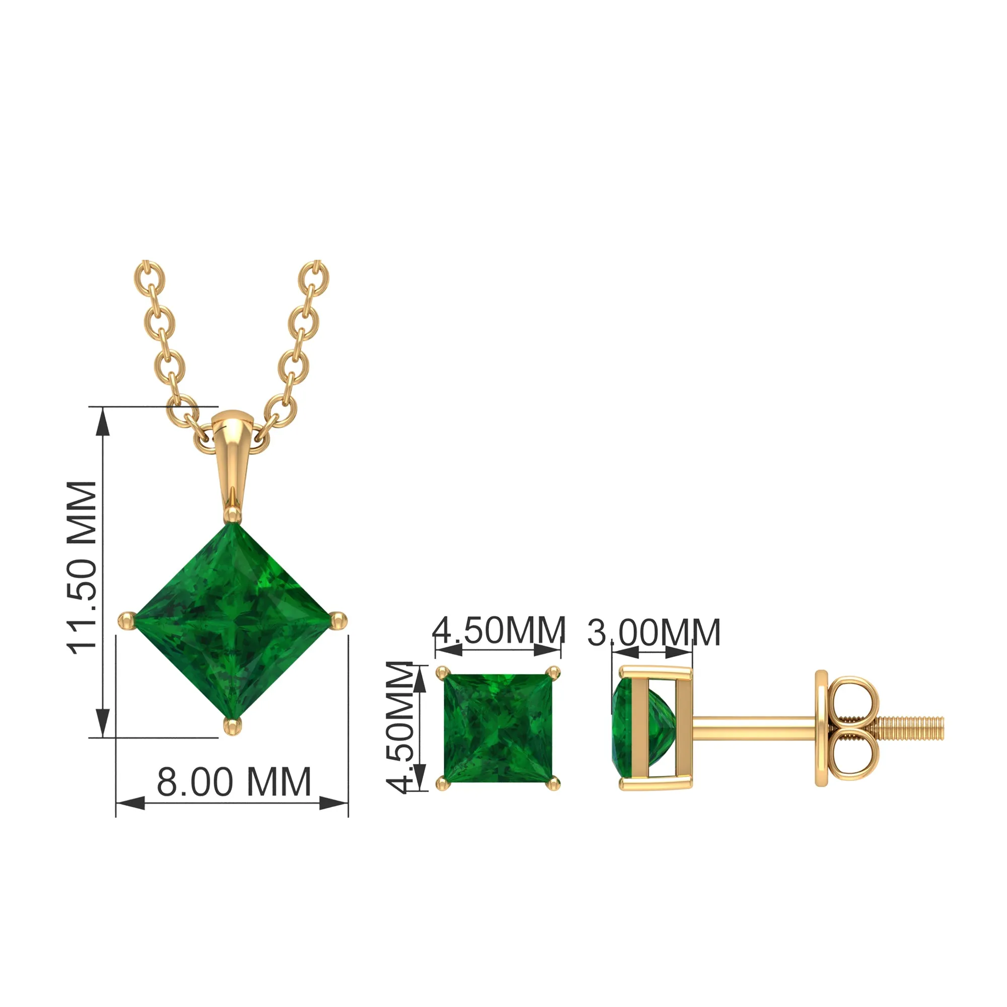 2 CT Princess Cut Emerald Solitaire Jewelry Set