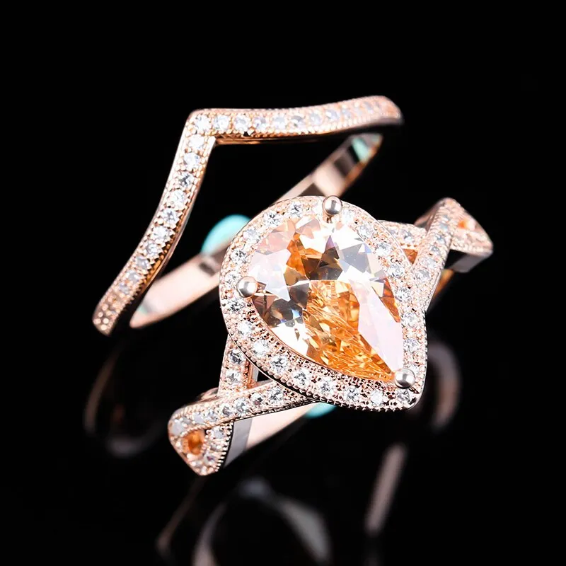 2pcs Fashion Big Glass Filled Flower Ring Set / Luxury Pave Glass Filled Rose Gold Color Rings For Women