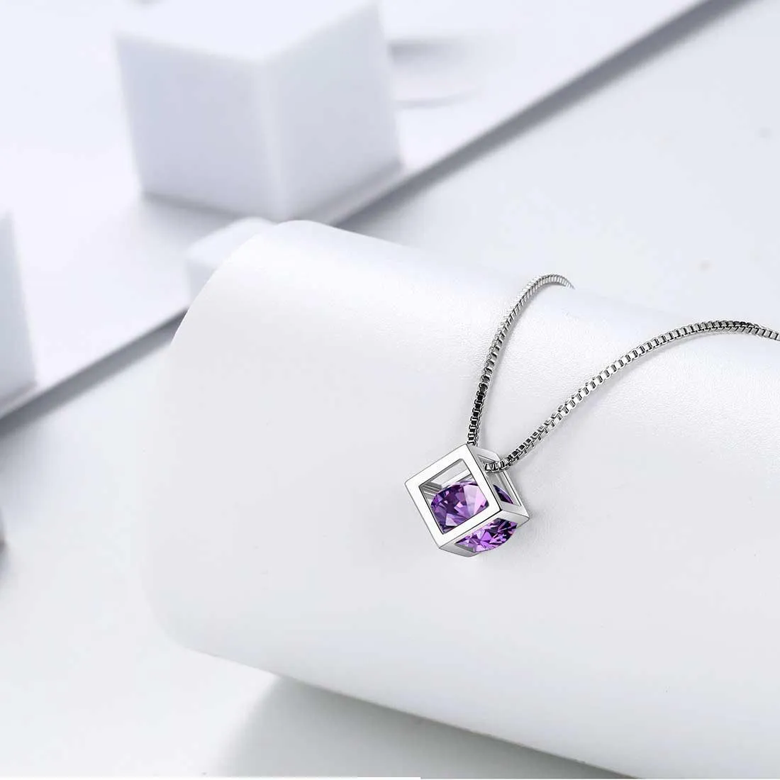 3D Cube Birthstone February Amethyst Necklace Pendant Women Girls Jewelry Birthday Gift Sterling Silver