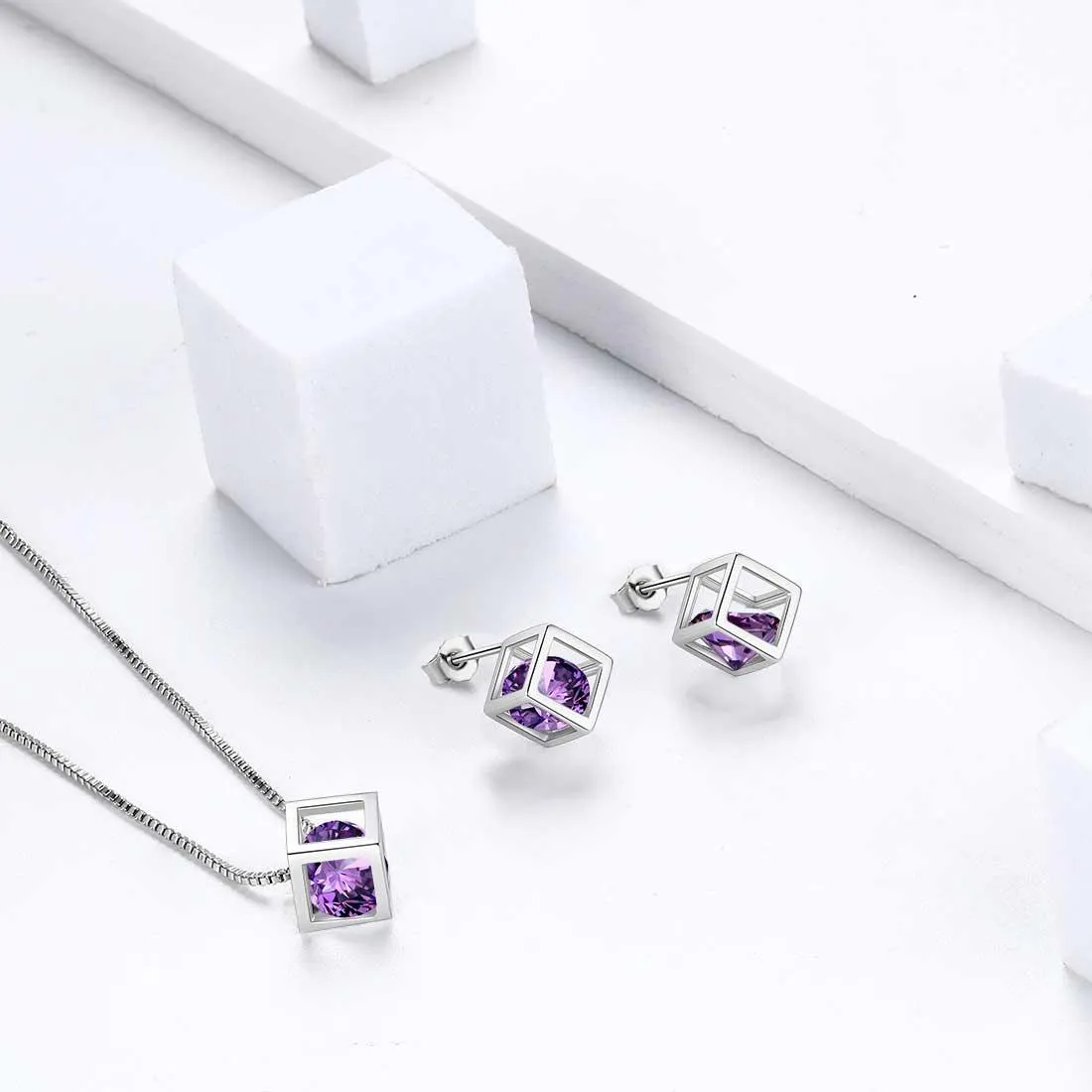 3D Cube Birthstone February Amethyst Necklace Pendant Women Girls Jewelry Birthday Gift Sterling Silver