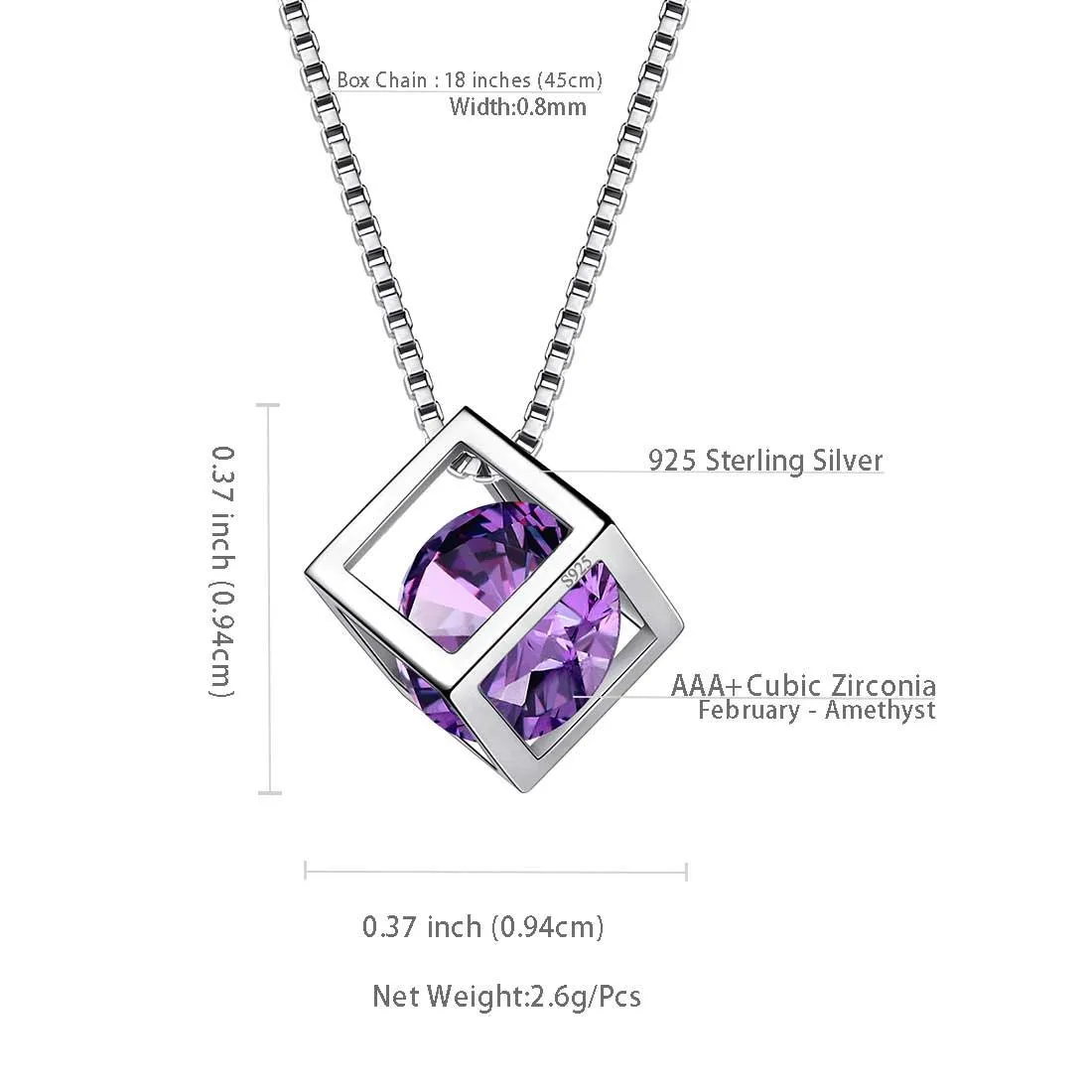 3D Cube Birthstone February Amethyst Necklace Pendant Women Girls Jewelry Birthday Gift Sterling Silver