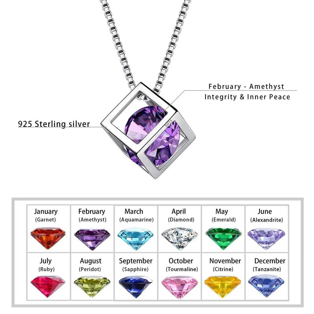 3D Cube Birthstone February Amethyst Necklace Pendant Women Girls Jewelry Birthday Gift Sterling Silver