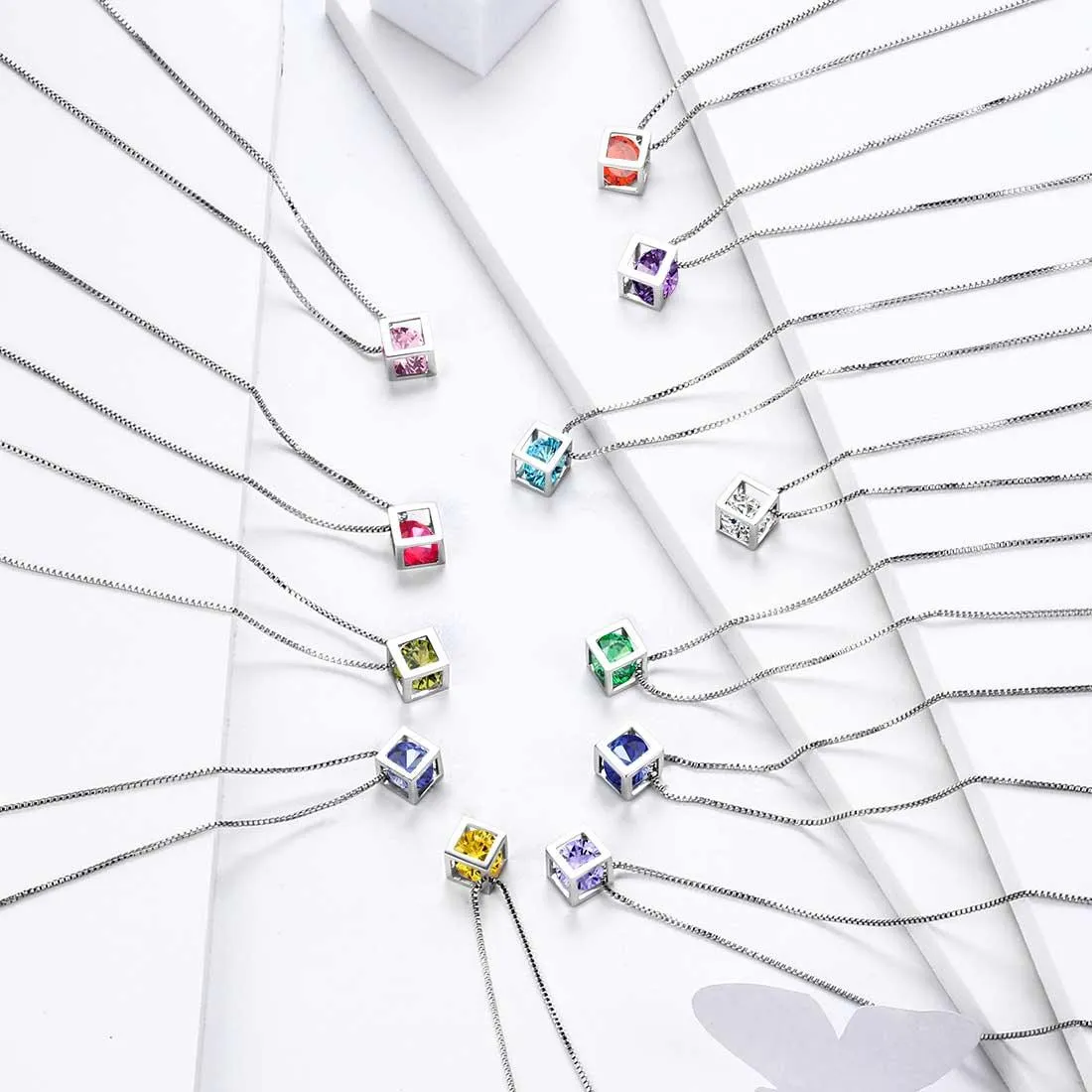 3D Cube Birthstone February Amethyst Necklace Pendant Women Girls Jewelry Birthday Gift Sterling Silver