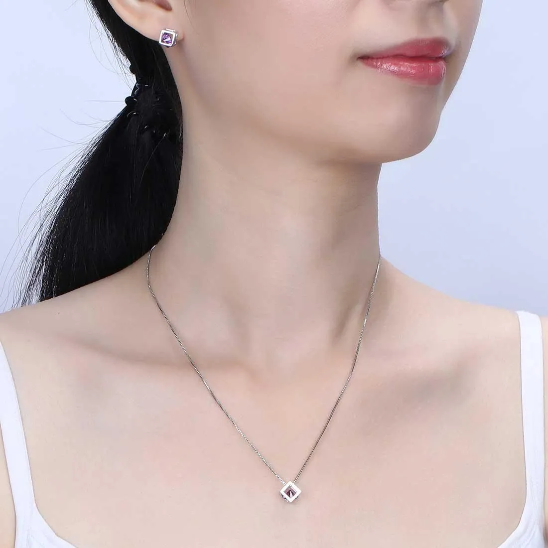 3D Cube Birthstone February Amethyst Necklace Pendant Women Girls Jewelry Birthday Gift Sterling Silver