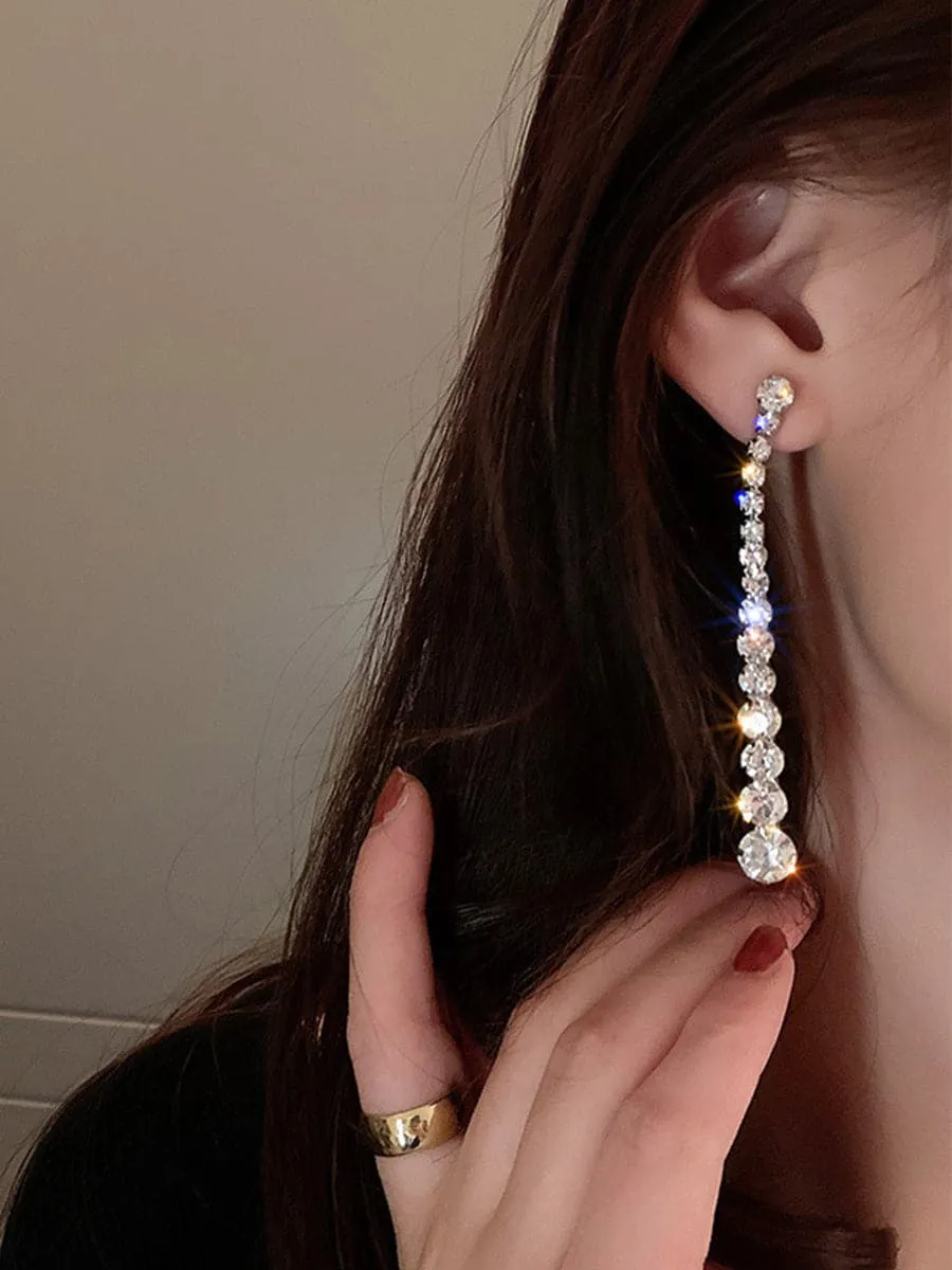 925 Silver Needle Rhinestone Earrings Long MSE092404