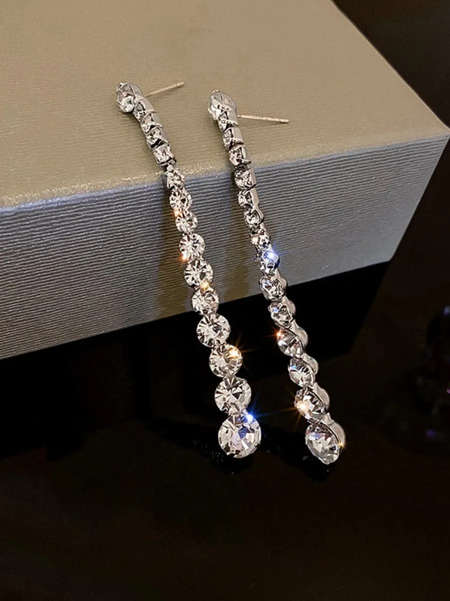 925 Silver Needle Rhinestone Earrings Long MSE092404