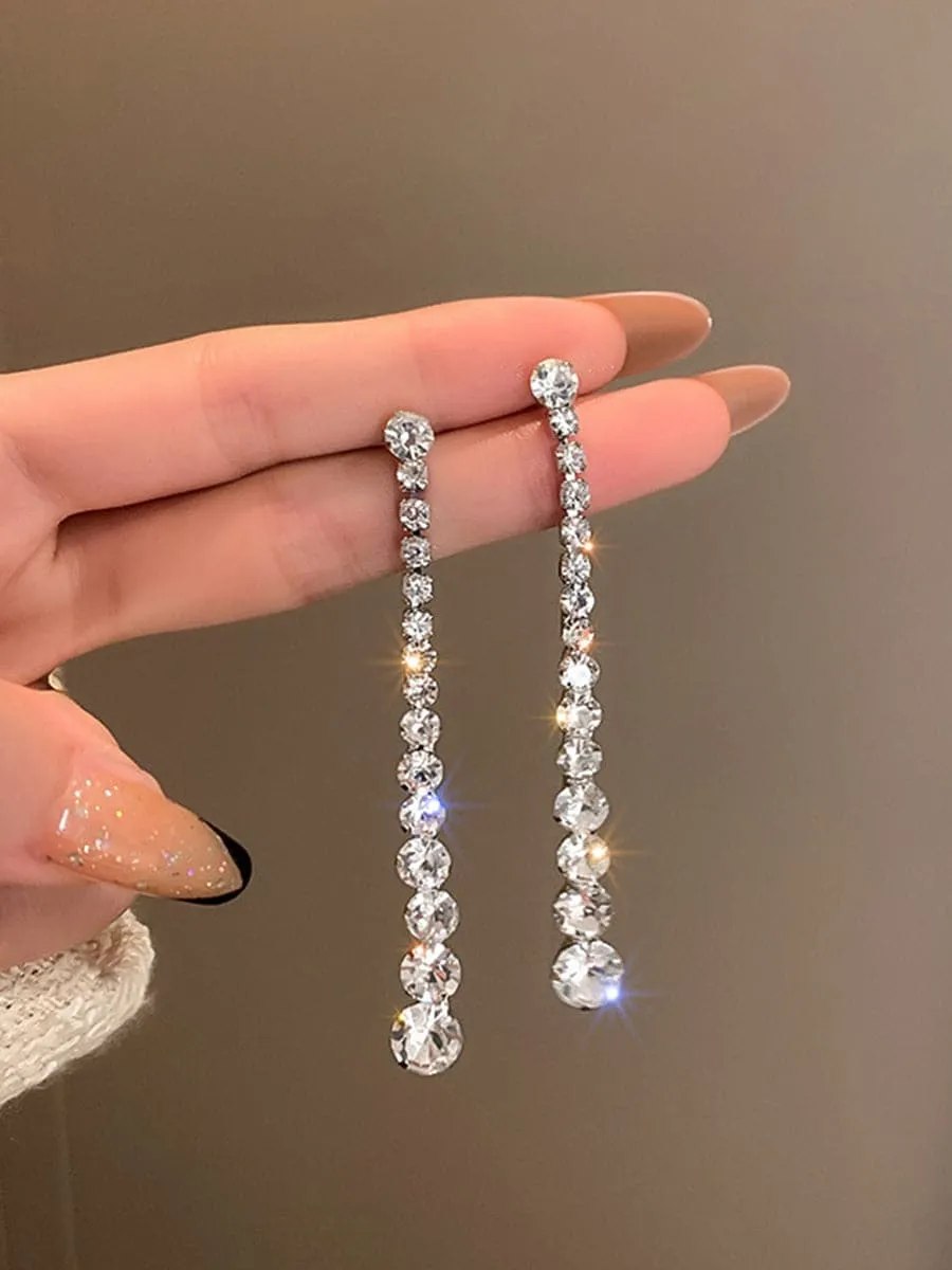 925 Silver Needle Rhinestone Earrings Long MSE092404