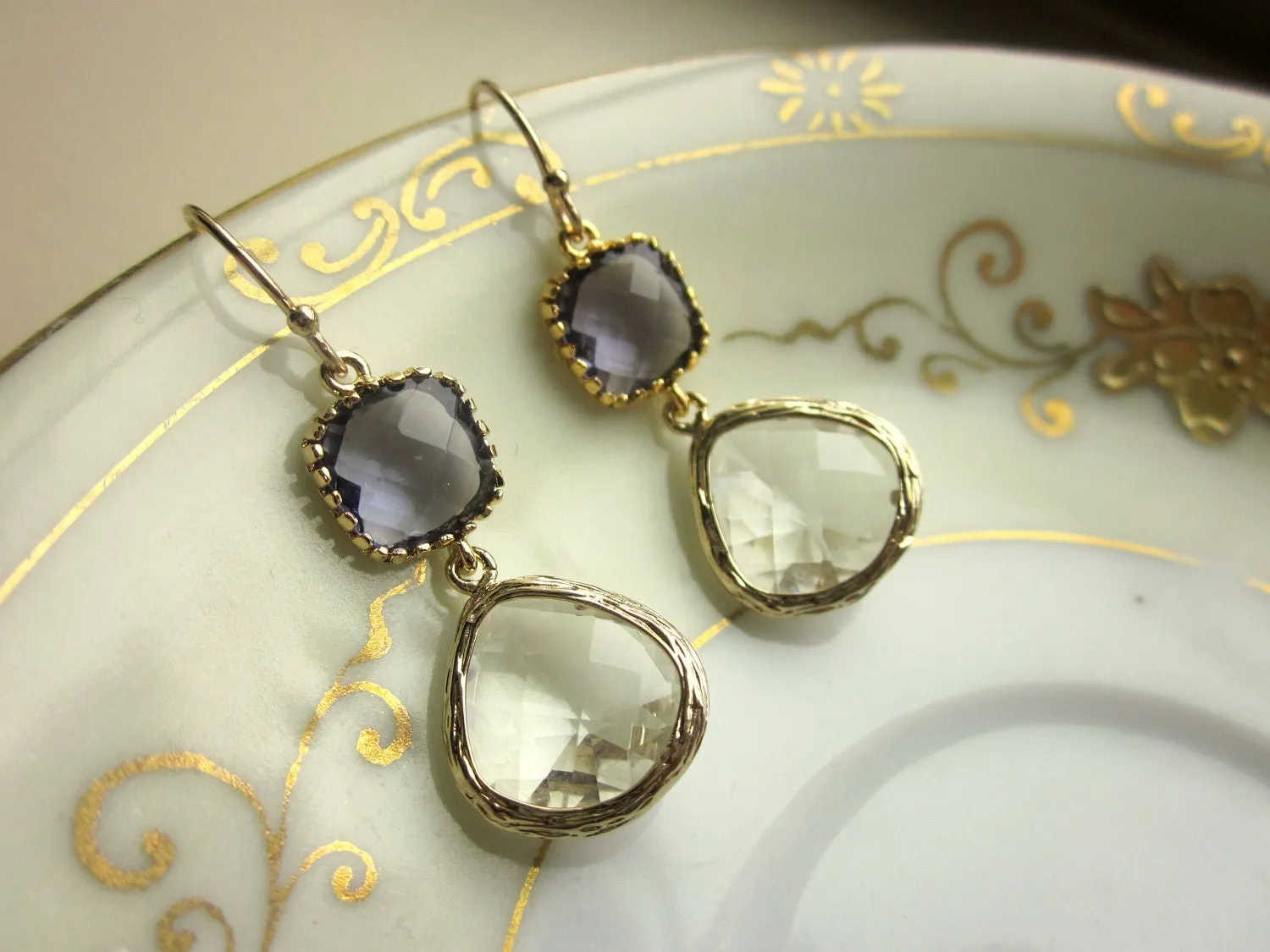 Amethyst Earrings Crystal Gold Earrings Two Tier - Bridesmaid Earrings Wedding Earrings Valentines Day Gift