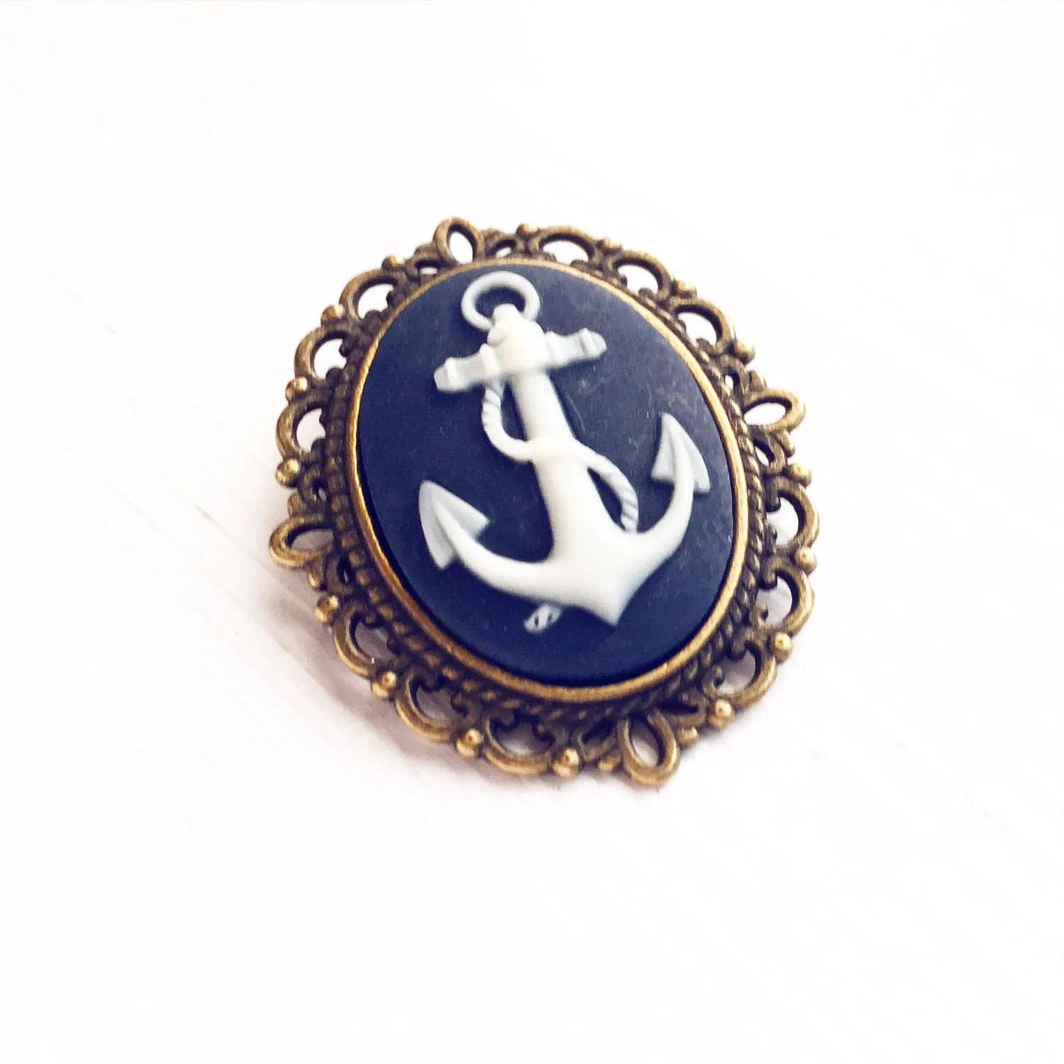 Anchor Cameo Brooch Medium Size Bronze and Navy