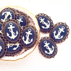 Anchor Cameo Brooch Medium Size Bronze and Navy