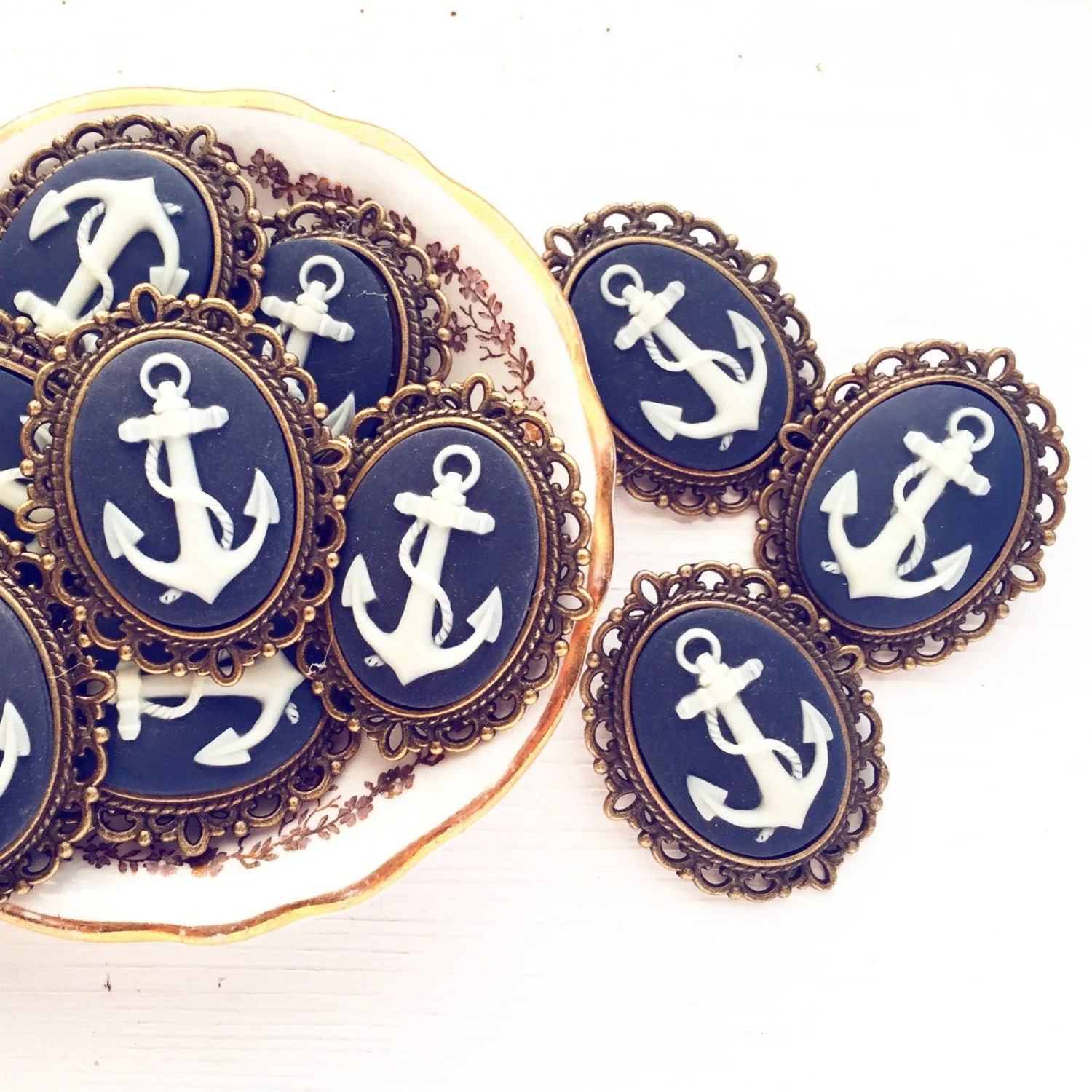 Anchor Cameo Brooch Medium Size Bronze and Navy