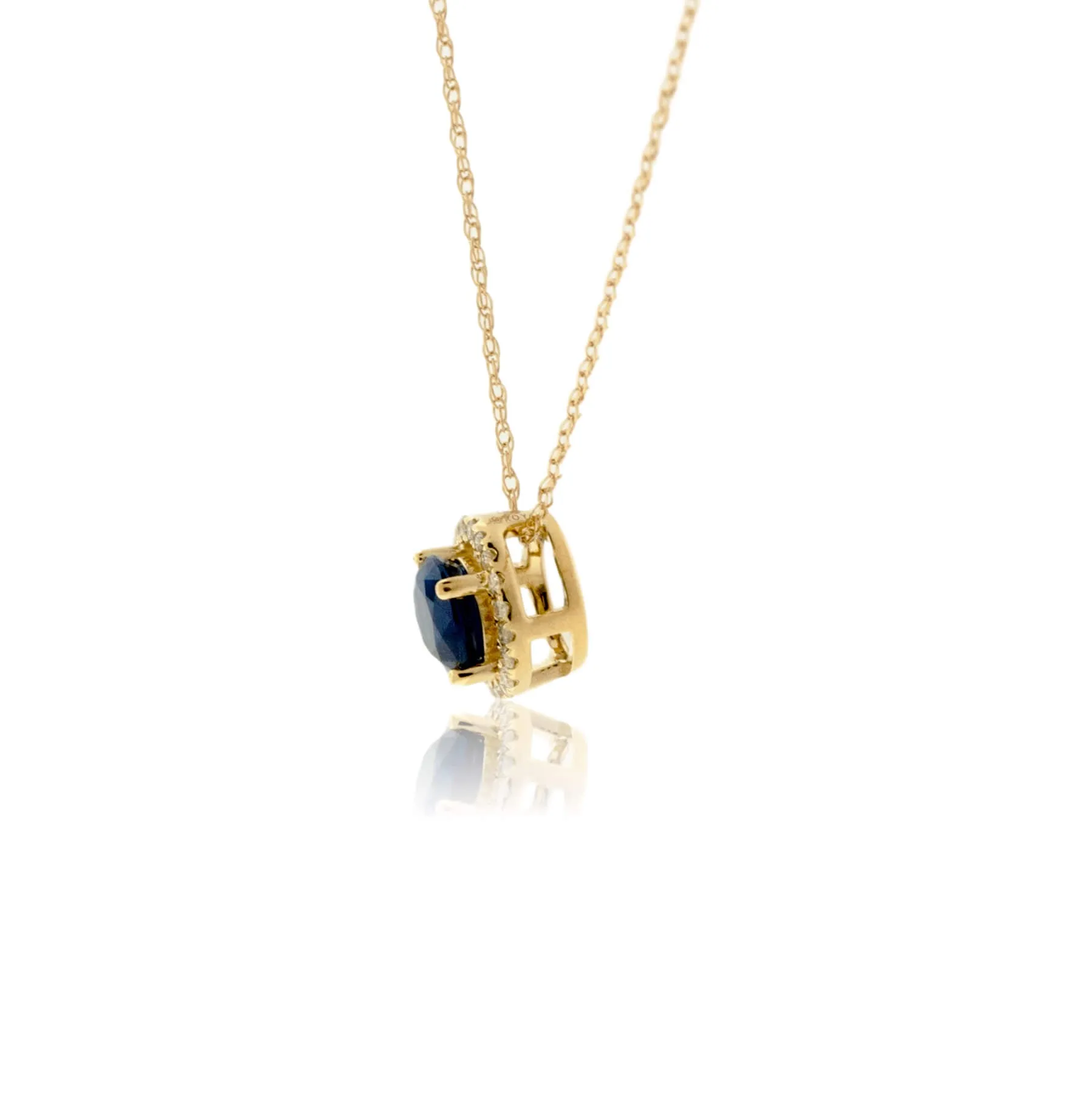 Blue Sapphire & Hidden Bail Diamond Halo Pendant w/Chain