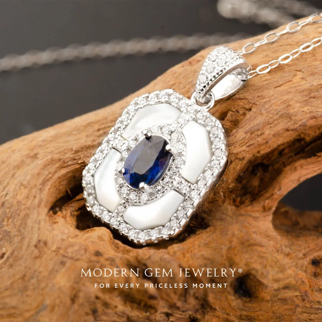 Blue Sapphire Necklace in White Gold