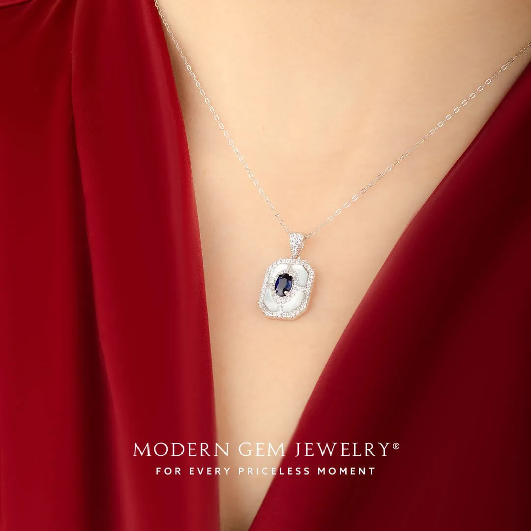 Blue Sapphire Necklace in White Gold