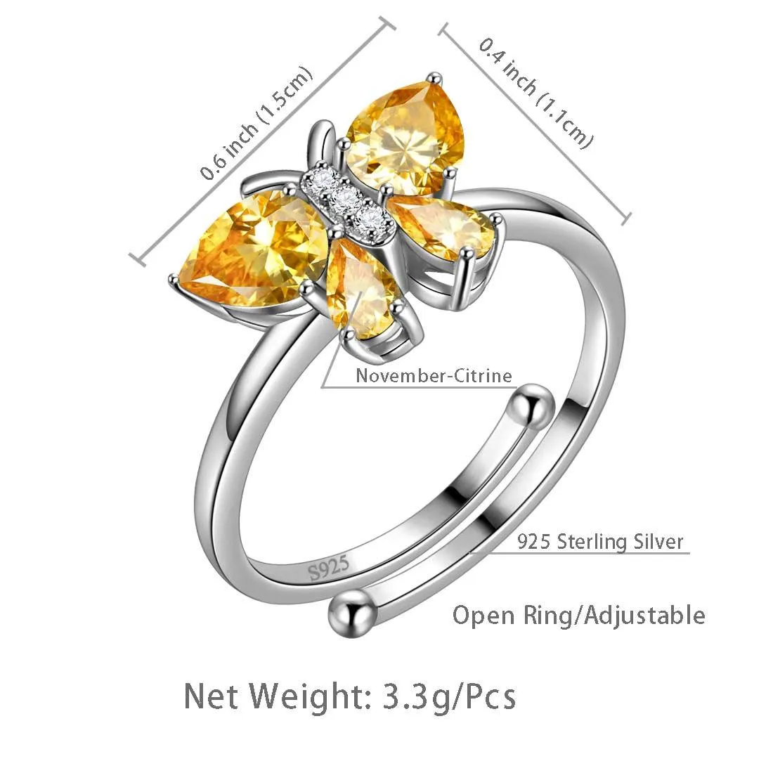 Butterfly Ring Band Birthstone November Citrine Women Girls Jewelry Birthday Gift