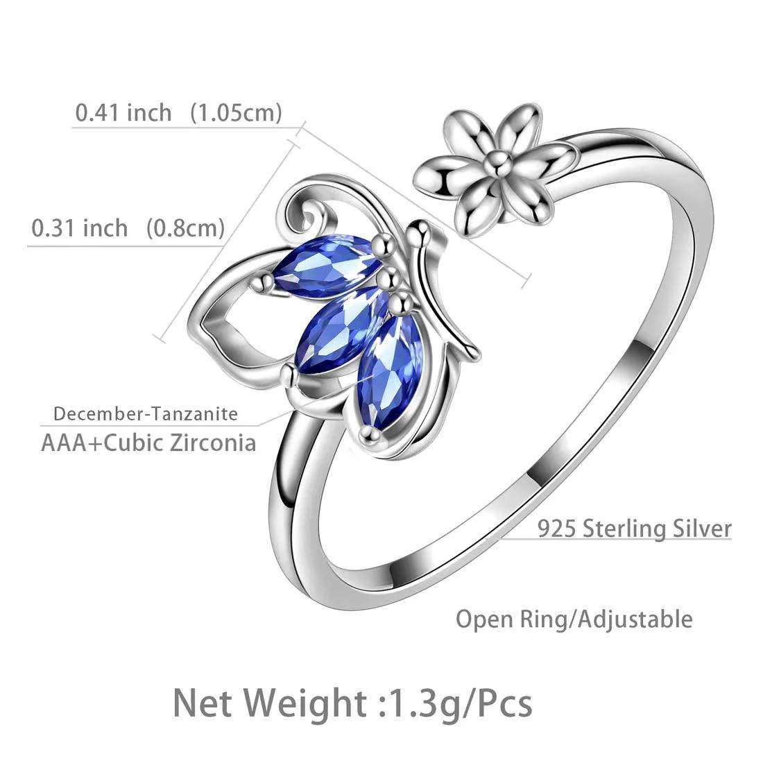 Butterfly Ring Open Birthstone December Tanzanite Women Girls Jewelry Birthday Gift