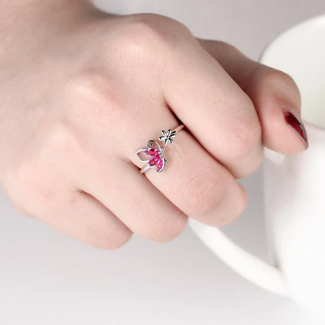 Butterfly Ring Open Birthstone July Ruby Women Girls Jewelry Birthday Gift