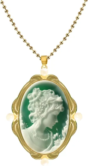 Cameo Pendant Necklace, Women's Blue Agate Carved Cameo Pendant in 14K Gold Frame Pendant Necklaces Vintage Jewelry Gifts