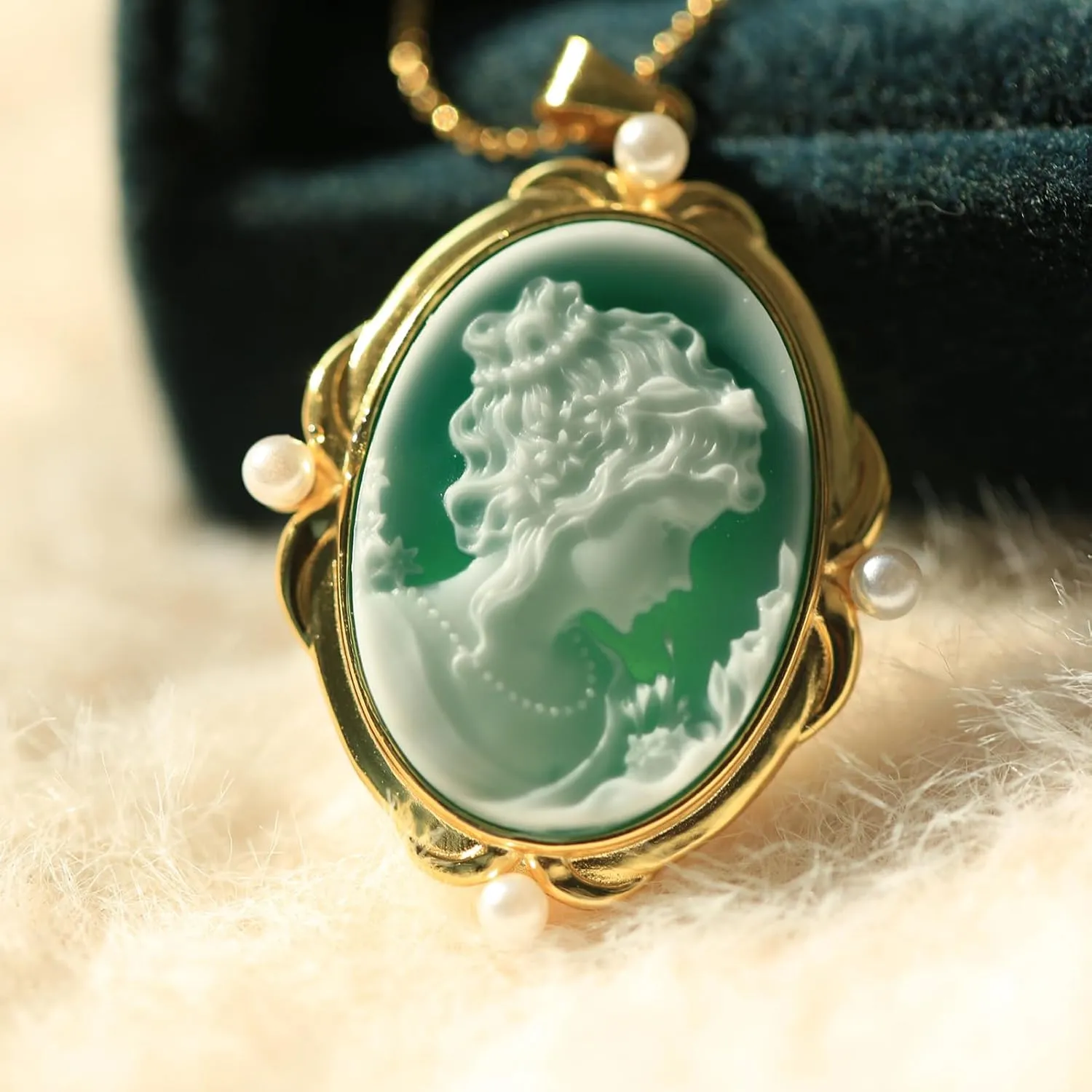 Cameo Pendant Necklace, Women's Blue Agate Carved Cameo Pendant in 14K Gold Frame Pendant Necklaces Vintage Jewelry Gifts