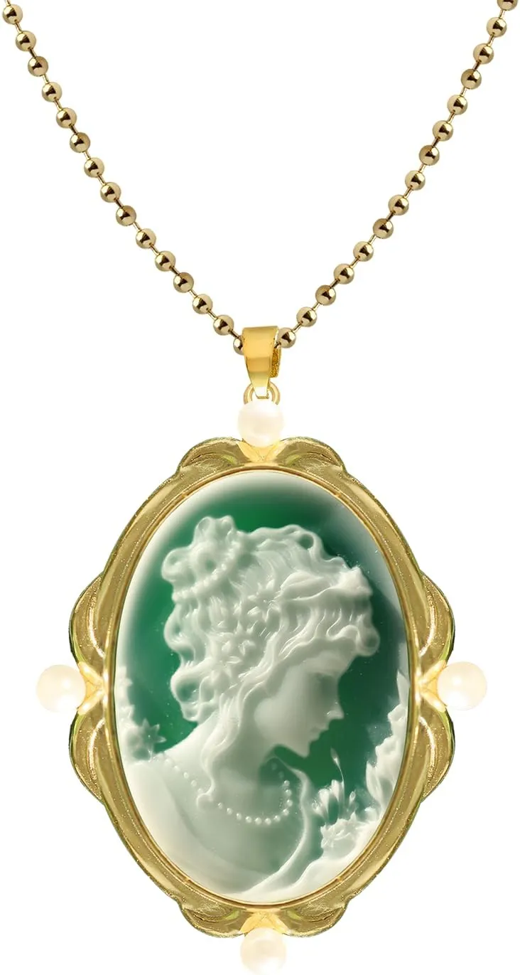 Cameo Pendant Necklace, Women's Blue Agate Carved Cameo Pendant in 14K Gold Frame Pendant Necklaces Vintage Jewelry Gifts