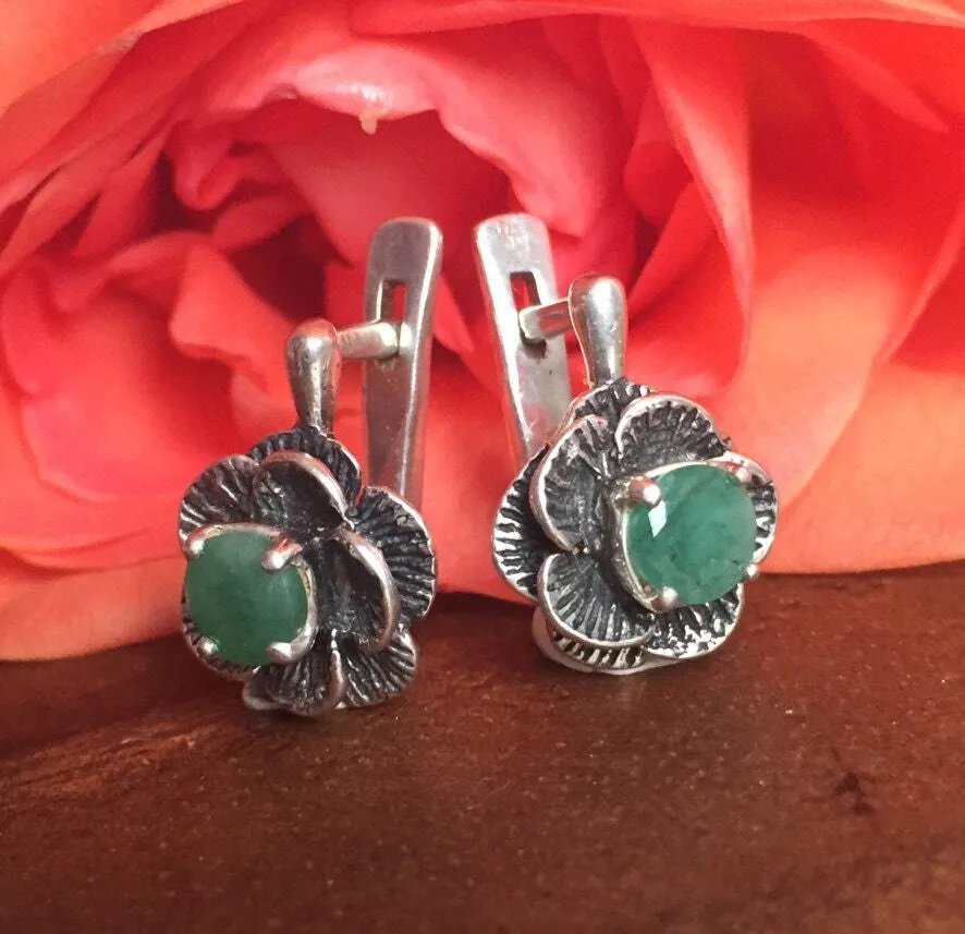 Emerald Flower Earrings - Vintage Flower Earrings - Rose Emerald Earrings