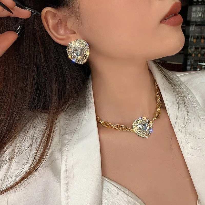 Fashion Golden Heart Crystal Choker Necklaces for Women Geometric Chain Necklaces
