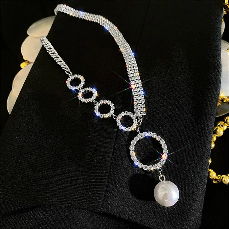 Geometric Circle Rhinestone Choker Necklaces for Women Clavicle Chain Pearl Pendant Necklaces