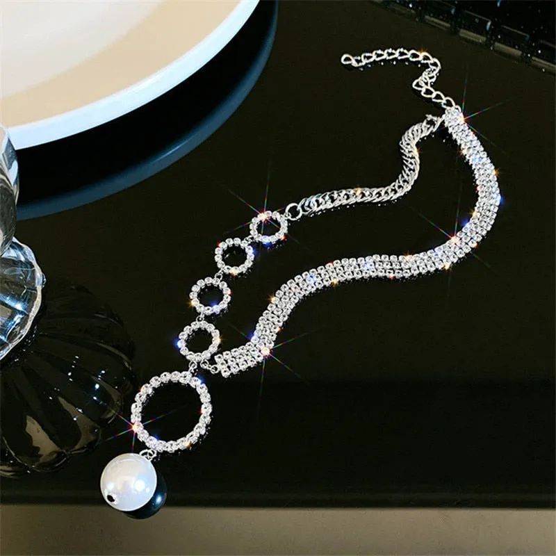 Geometric Circle Rhinestone Choker Necklaces for Women Clavicle Chain Pearl Pendant Necklaces