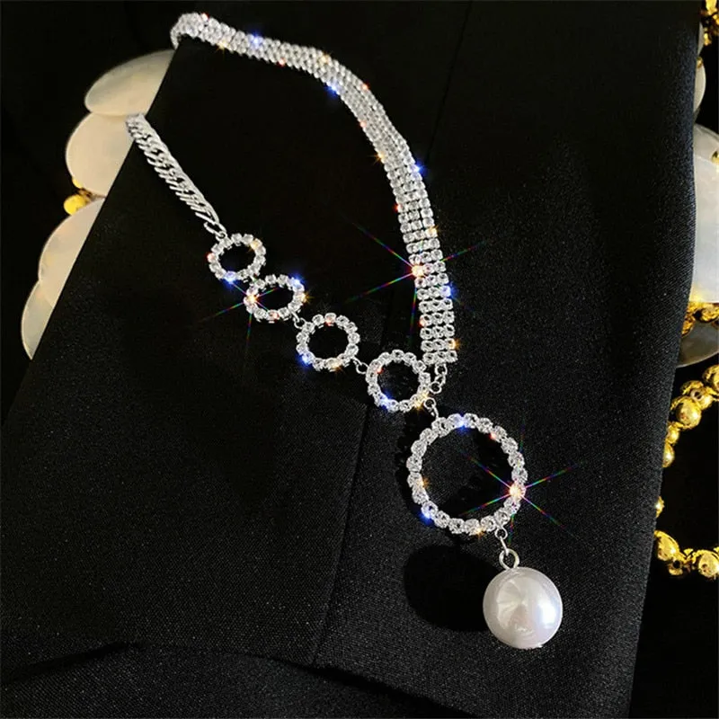 Geometric Circle Rhinestone Choker Necklaces for Women Clavicle Chain Pearl Pendant Necklaces