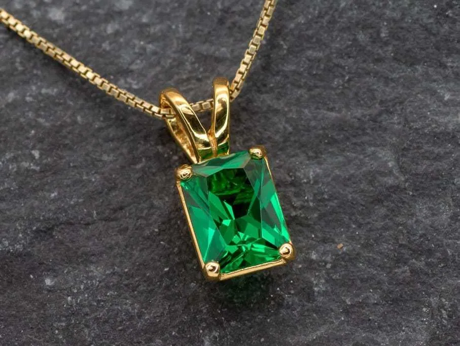 Gold Emerald Pendant - Green Emerald Necklace - Gold Radiant Cut Necklace