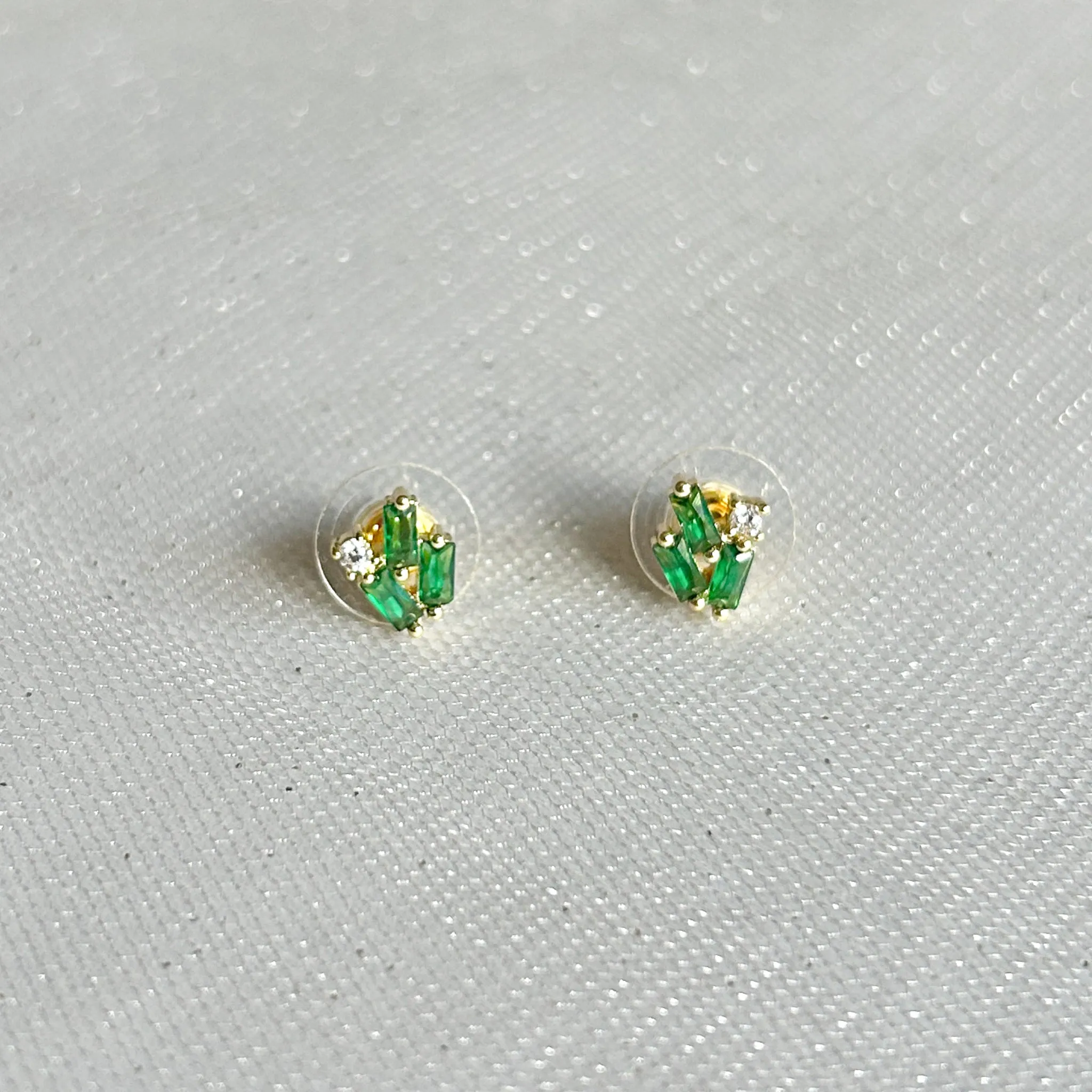 Green Stud Earrings Gold Earrings with Crystal