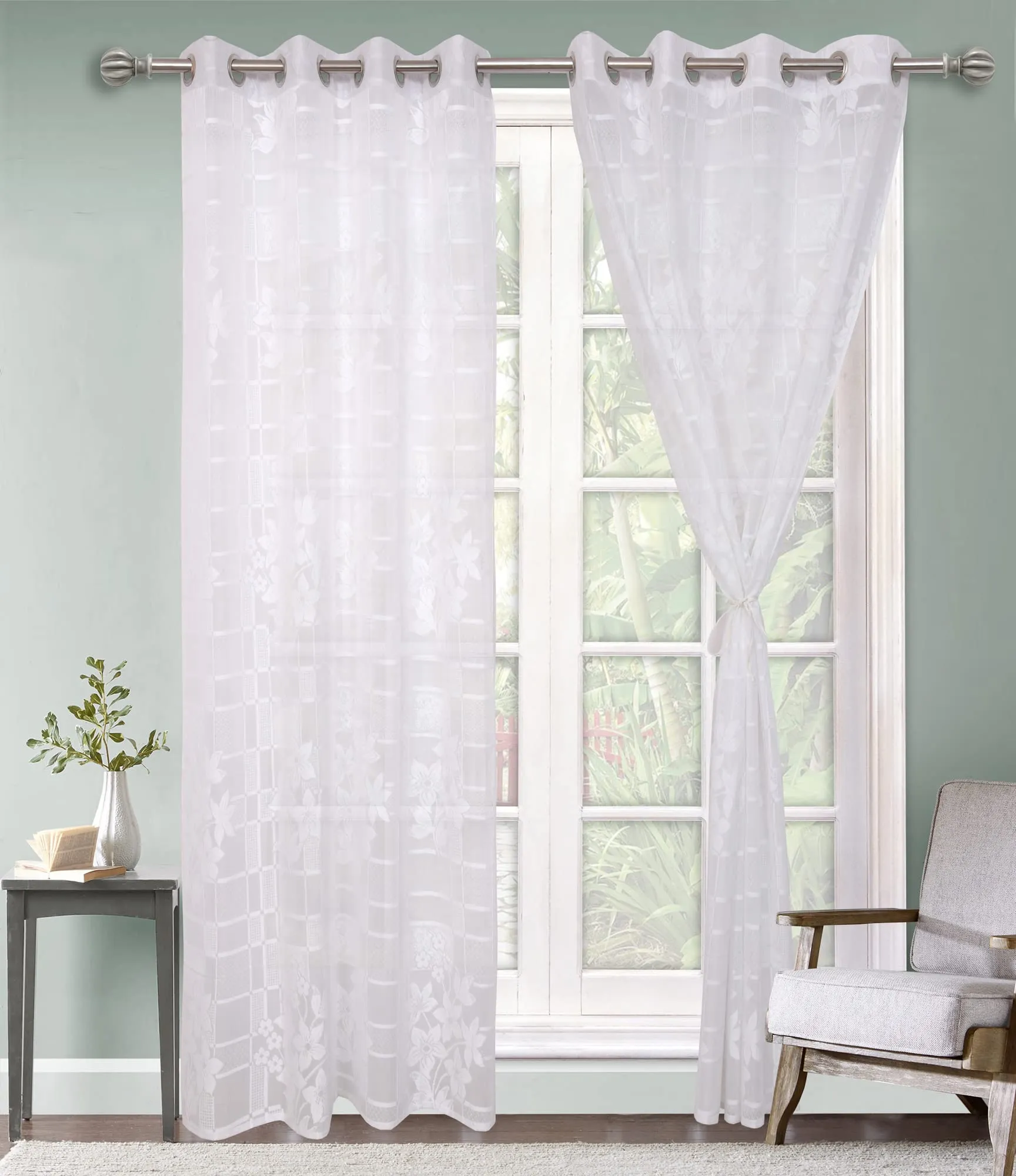 Heart Home Flower Design 7 Feet Door Curtain for Living Room, Bed Room, Kids Room with 8 Eyelet (White) 52HH3903