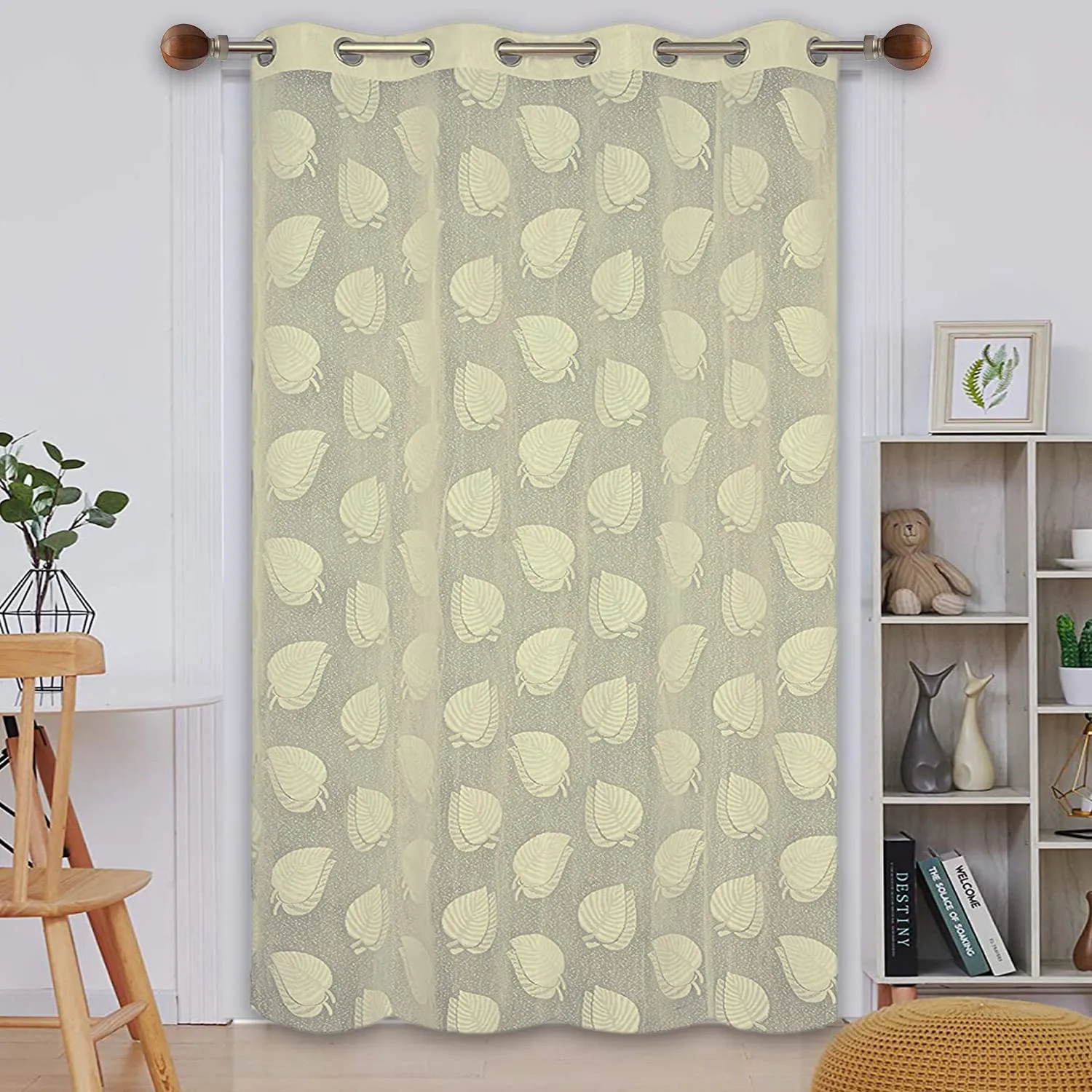 Heart Home Leaf Print 7 Feet Cotton Door Curtain for Living Room, Bed Room, Kids Room with 8 Eyelets (Cream)-50HH01064