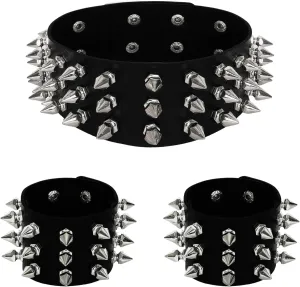 Leather Studded Spike Bracelet Necklace Chokers Gothic Metal Punk Rivet Cuff Black Bangle Wristband for Women Men