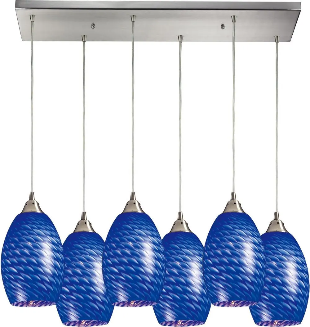 Mulinello 6 Light Pendant In Satin Nickel and Sapphire Glass