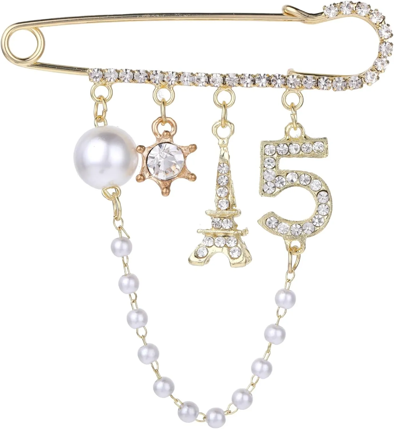 Number 5 Lapel Brooches and Pins, Designer Brooches for Women Vintage Gold Pins and Brooch Imitating Pearl Rhinestone Brooch Pin Fashion Lapel Pin for Wedding Banquet Jewelry Gift