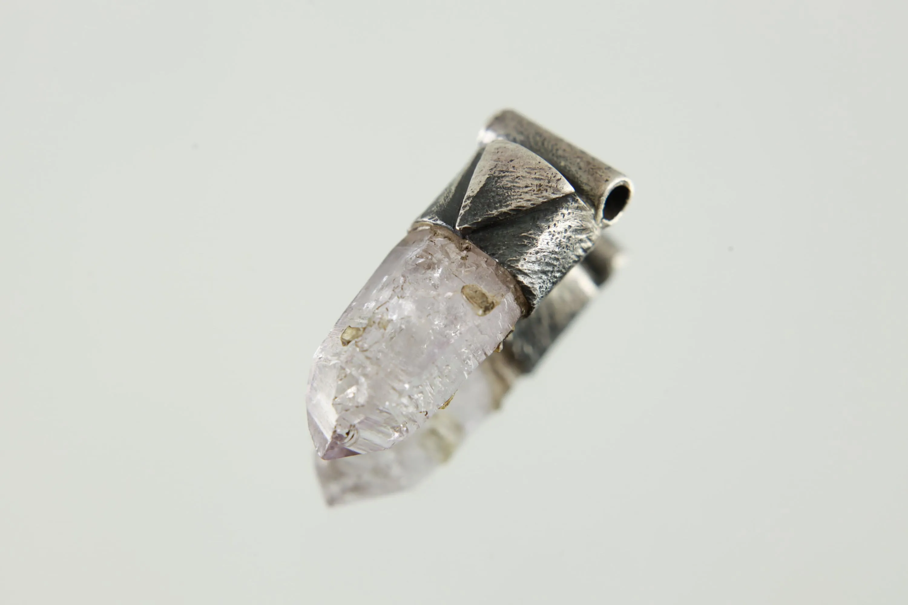 Organic Textured 925 Sterling Silver with Tiny Lemurian Vera Cruz Amethyst Point with Inclusions, Stack Collection, Crown Chakra, Intuition