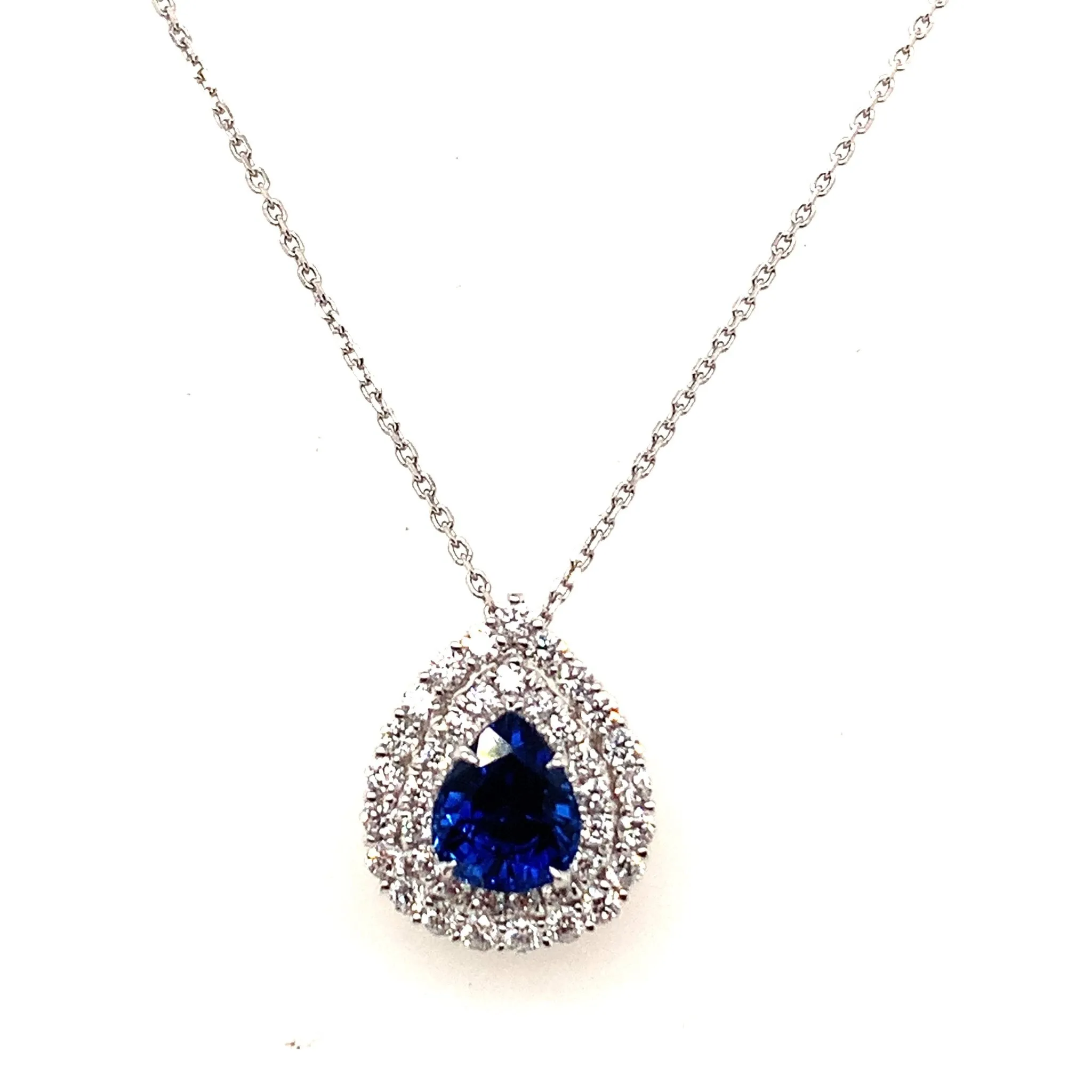 Pear Shaped Sapphire and Double Diamond Halo Pendant