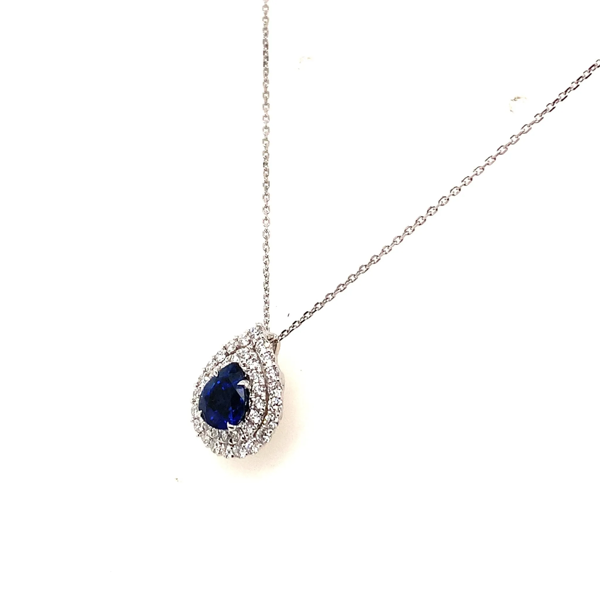 Pear Shaped Sapphire and Double Diamond Halo Pendant