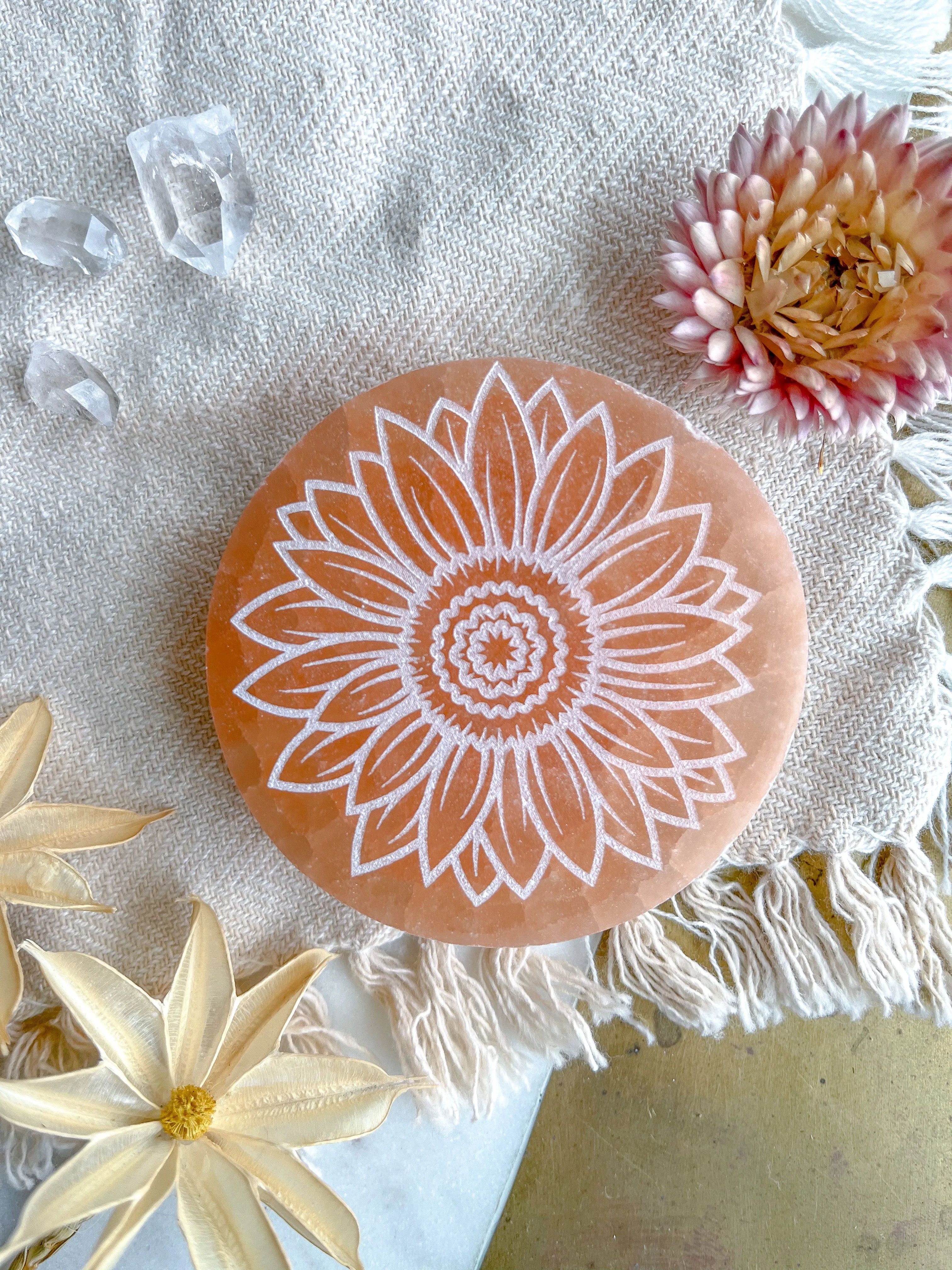 "Bloom" PEACH Selenite Crystal Disk Spring Floral Easter Home Decor