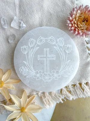 "Cross" WHITE Selenite Crystal Disk Spring Floral Easter Home Decor