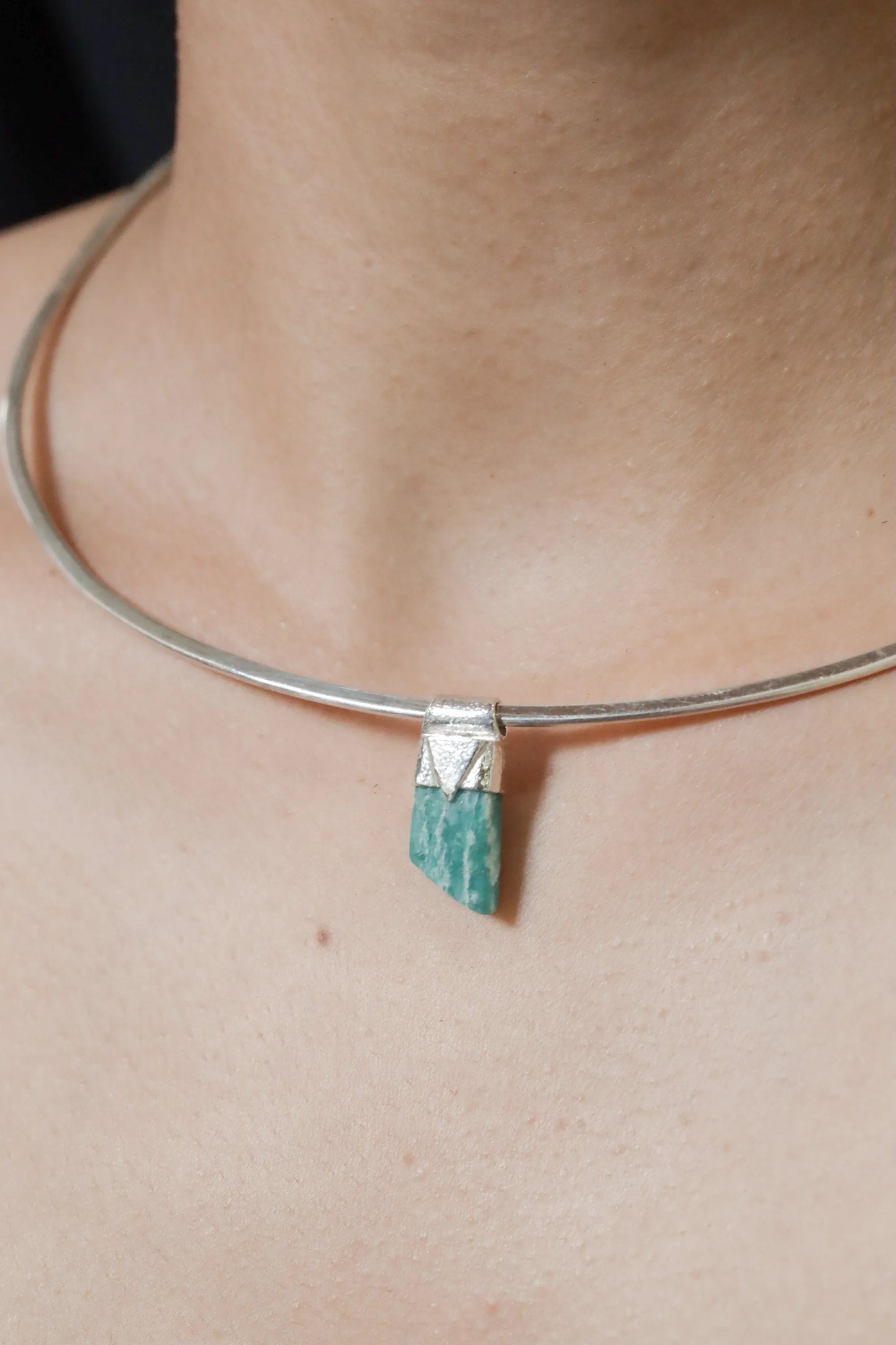 Rough Cut Amazonite Stack Pendant, Organic Textured 925 Sterling Silver, Heart Chakra, Virgo Zodiac, Emotional Healing and Calm - No/1