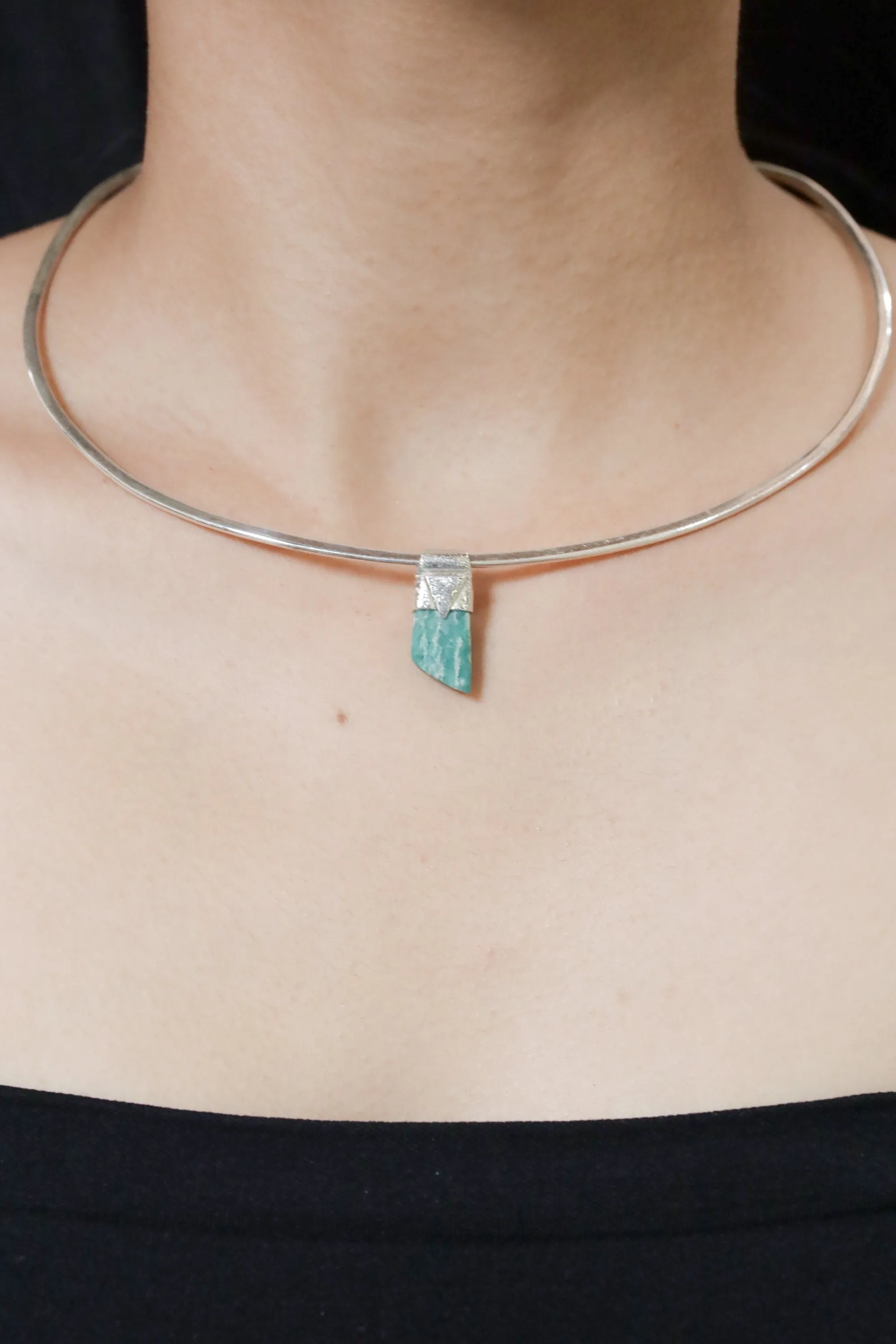 Rough Cut Amazonite Stack Pendant, Organic Textured 925 Sterling Silver, Heart Chakra, Virgo Zodiac, Emotional Healing and Calm - No/1